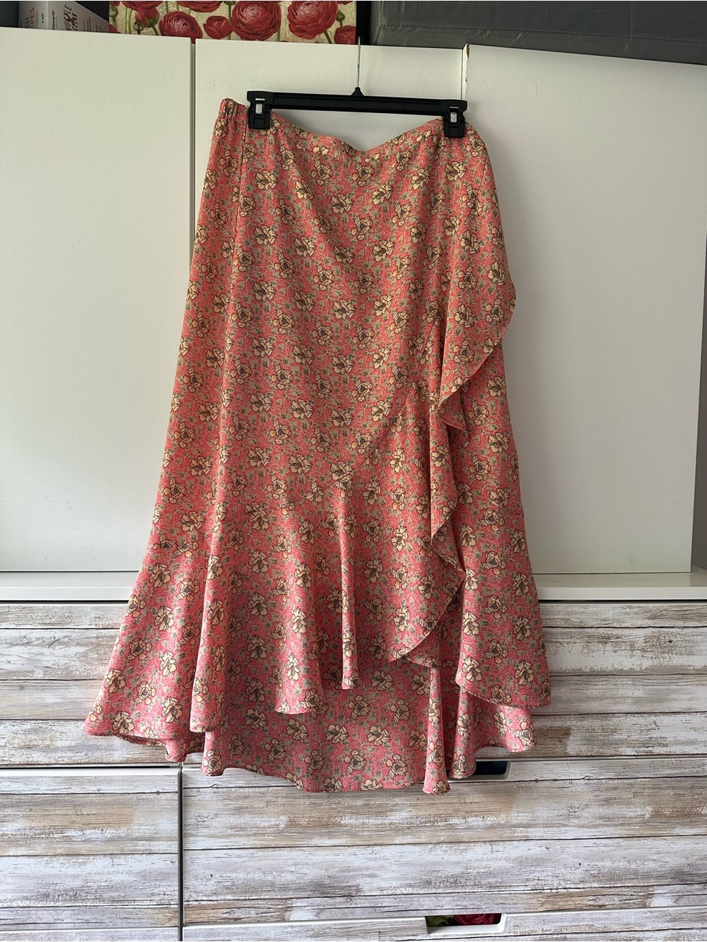 🌸 MAX STUDIO Floral Faux Wrap Ruffle Midi Skirt Size Large
